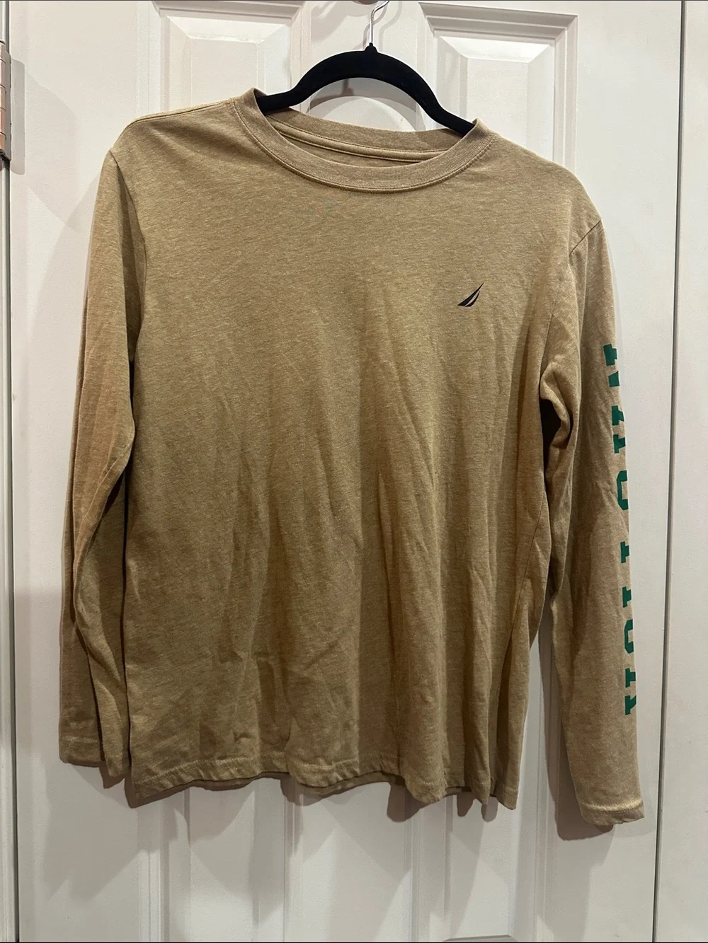 NWOT Kids Nautica Tan Long Sleeve Shirt with Green Sleeve Lettering size 14/16